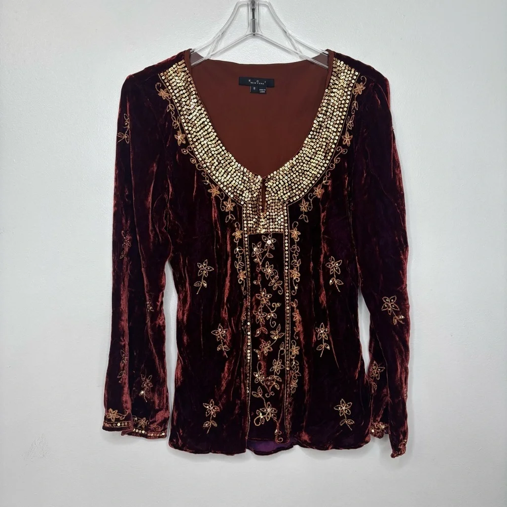 Eci New York Velvet Sequin Embellished Top Size 8 Wine Boho - Picture 5 of 13